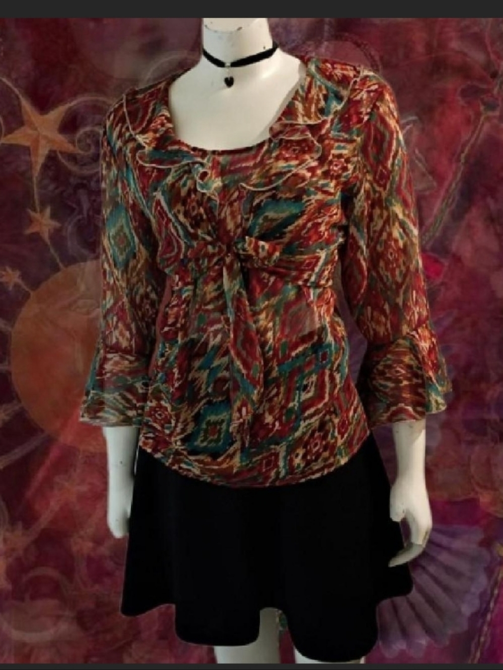 Y2K Versailles women's XL multi colored abstract pattern sheer chiffon blouse